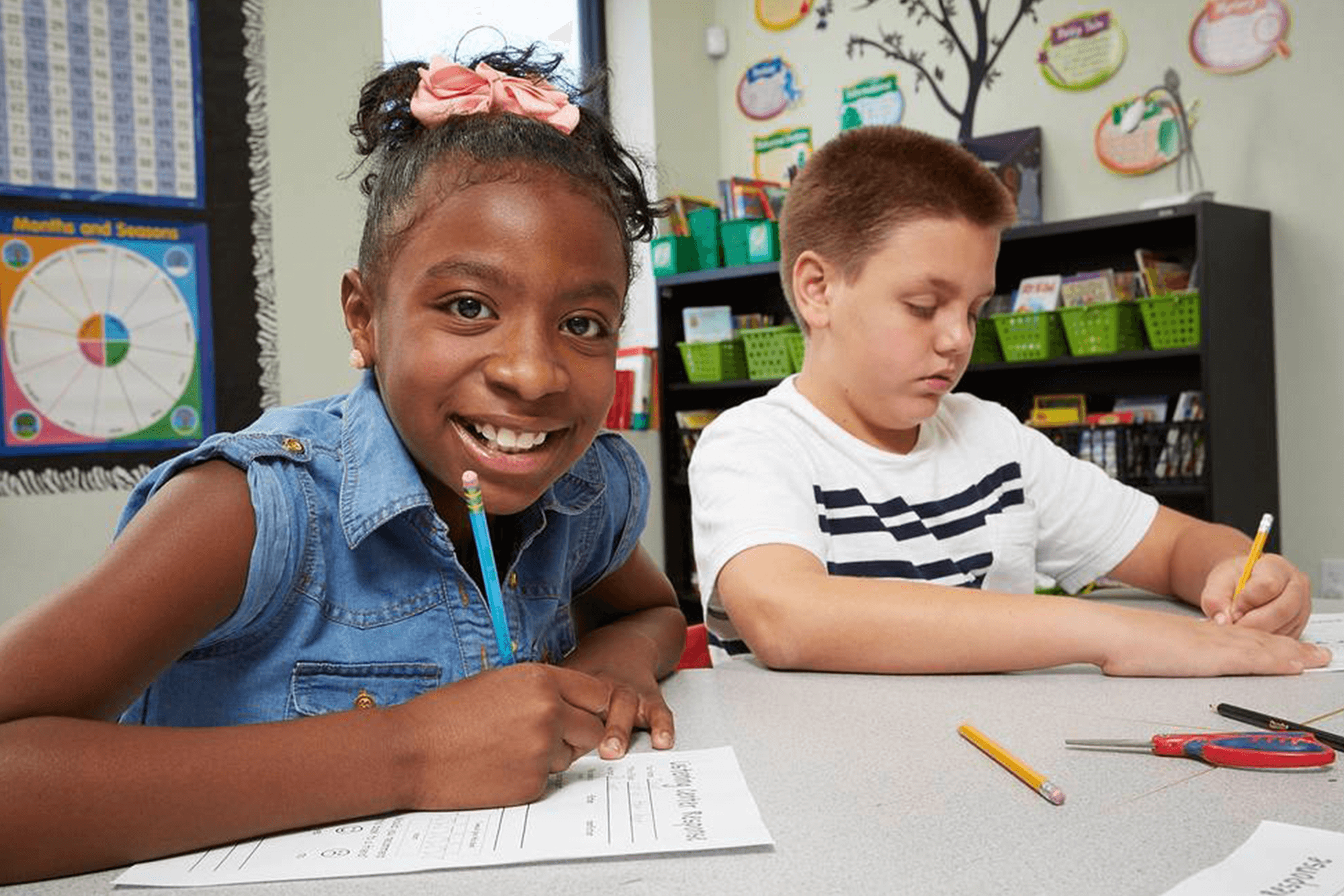 students working on assignment sitting on a classroom table